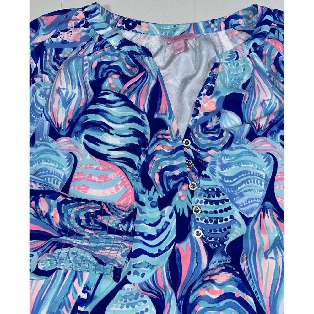 Lilly Pulitzer Brynle Dress Twilight Blue Gold Buttons Smocked Sleeves Womens XS